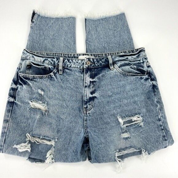 KanCan Acid Wash High Rise Distressed Mom Jeans Fray Hem 15/31 - Picture 4 of 8